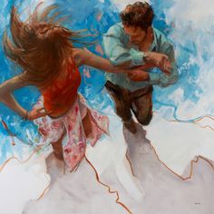 a painting of two people jumping in the air