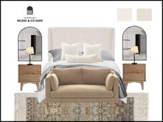 an image of a bedroom setting with furniture and decor on it's sideboard