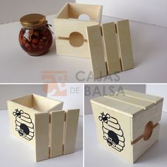 four different views of a wooden box with nuts in it and an open lid on the inside