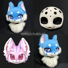 four different animal masks with blue eyes and white fur