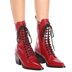 Chlo Women's Red Rylee Medium Leather Mid-Calf Combat Ankle Boots Red Semi-Pointed Toes Block Heels Lace-Up Closure At Uppers & Exposed Silver Zip Closure At Sides Includes Dust Bag Fit: This Style Typically Runs A Half Size Small. Detailssize Guide Heels: 3" Witchy Shoes, Red Combat Boots, Red Heel Boots, Ankle Leather Boots, Flat Riding Boots, Black Moto Boots, Chloe Shoes, Lace Up Combat Boots, Harness Boots