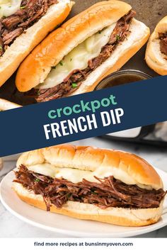 the crockpot french dip sandwich has been cut in half and is on a plate