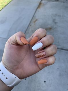 Matte Orange nails  with white and glitter Western Nails, Country Nails, Simple Acrylic Nails, Acrylic Nails Coffin Short