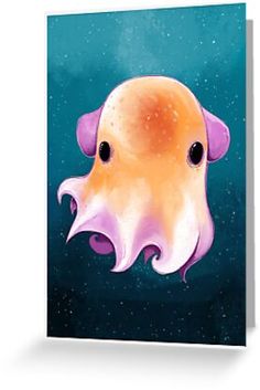 an orange and purple octopus floating in the ocean greeting card with space on it's side