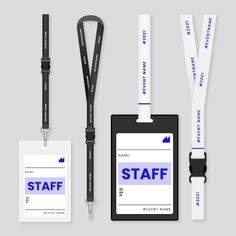 an id badge, lanyard and lanyard strap with the name staff on it