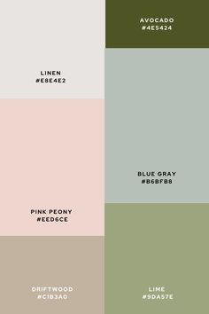 four different shades of green, pink and grey paint colors with the same name on them