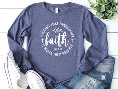 Faithful long sleeve shirts make a thoughtful gift for someone you love. They are the perfect balance of fashion and belief and come in a variety of sizes. Wear them to church and throughout the city to show your support for the Lord. This comfortable t-shirt will be your and your friends' favorite! Be simple, be different! - Long Sleeve Shirt - Youth - Toddler - Unisex M A T E R I A L S → All our simple color ones like White and Black are 100% Cotton. → All our Heathered Colors are cotton/polye Spring Long Sleeve Shirt With Text Print, Long Sleeve Shirt With Text Print And Relaxed Fit, Blue Long Sleeve Top For Gift, Blue Long Sleeve Top As A Gift, Blue Long Sleeve Top As Gift, Inspirational Long Sleeve Cotton T-shirt, Blue Long Sleeve T-shirt For Gift, Blue Long Sleeve T-shirt As Gift, Relaxed Fit Long Sleeve T-shirt For Gift