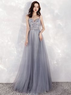 Charming Sweetheart Blue-grey Tulle Beaded Long Party Dress, Elegant Gray Tulle Evening Dress, Gray Prom Dress With Fitted Bodice, Gray Prom Evening Dress With Sweep Train, Gray Sweep Train Prom Evening Dress, Gray Sweep Train Evening Dress For Prom, Gray Evening Dress With Sweep Train For Prom, Fitted Gray Tulle Dress, Gray Prom Evening Dress For Prom Season, Gray Evening Dress For Prom Season Banquet