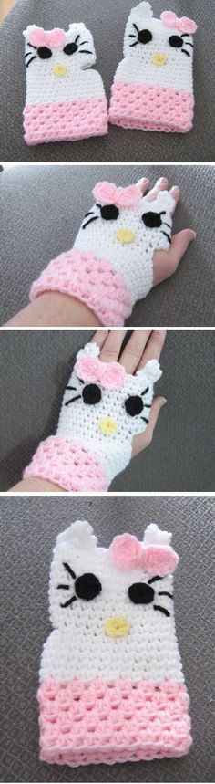 crocheted hello kitty mitts are shown in three different pictures, one is pink and the other is white