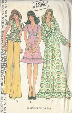 two women's dresses and one woman's blouse sewing pattern from the 1970s