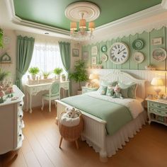 a bedroom decorated in pastel green and white with lots of decor on the walls