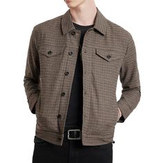 John Varvatos Collection Evans Trucker Jacket Classic Trucker Jacket Styling Fashioned From A Luxury Check Pattern Textured Fabric Folded Collar With Metal Shank Button Front Closure; Button-Through Flap Trucker Chest Pockets Slant Side Hand Pockets; Panel Seaming Details Long Sleeves With Button Cuffs; Straight Banded Hemline With Waist Button Adjustment And Leather Logo Patch Measurements (Laying Flat): European Sizing Size 50 Eu = S/M Usa: Armpit To Armpit Is 21", Back Collar Base To Hem Is 2 Tailored Casual Outerwear With Flap Pockets, Casual Business Tweed Jacket With Button Closure, Casual Tweed Jacket With Button Closure For Business Casual, Casual Brown Single-breasted Tweed Jacket, Casual Brown Tweed Jacket With Welt Pockets, Casual Business Tweed Jacket Button-up, Casual Button-up Tweed Jacket For Business, Casual Tweed Button-up Jacket, Casual Brown Tweed Jacket With Lapel Collar