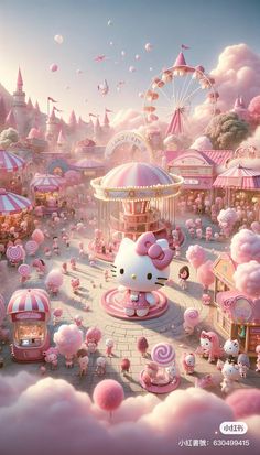 the hello kitty theme park is full of pink clouds and carousels, with lots of poodles