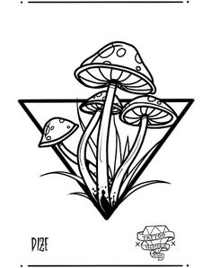 a black and white drawing of mushrooms in the grass with an upside down triangle behind it