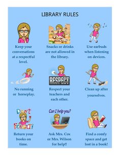 the library rules poster shows how to use them