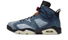 The Air Jordan 6 “Washed Denim” is a lifestyle remake of the early ‘90s performance basketball icon that was worn by Michael Jordan when he captured his first NBA Championship.  The “Washed Denim” colorway is part of Jordan Brand’s continued efforts of pushing their core classics towards a modern lifestyle aesthetic.  A medium wash blue denim material covers the entire upper and is contrasted by a light wash denim base on the mid-panel and toe.  Jordan Brand opts for a black nylon tongue that fe 70s Converse, Jordan Vi, Air Jordan Vi, Denim Retro, Nike X Travis Scott, Air Jordan 6 Retro, Nike Air Jordan 6, Jordan 6 Retro, Converse Run Star