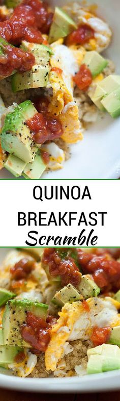 two plates with eggs, avocado and tomato on them that say quinoa breakfast scramble