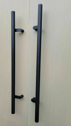 two black handles are on the white door