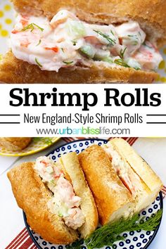 shrimp rolls on a plate with text overlay that reads shrimp rolls new england - style shrimp rolls