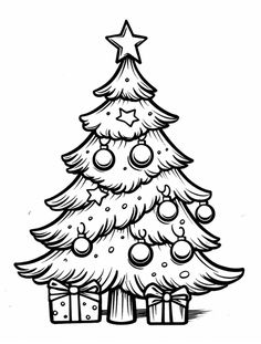 a black and white christmas tree with presents on it's bottom, surrounded by stars