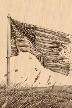 a drawing of an american flag flying in the wind