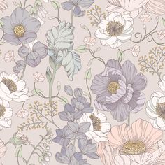 an abstract floral pattern with blue, pink and white flowers on a beige background for wallpaper