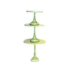 three tiered green cake stand on white background