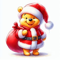 a winnie the pooh christmas card with santa hat