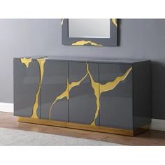 a grey and yellow sideboard in a room with a mirror on the wall above it