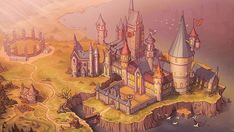 an image of a cartoon castle with lots of turrets and towers on it's island