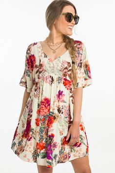 Ivory Floral Babydoll Dress :: NEW ARRIVALS :: The Blue Door Boutique Spring Floral Print Mini Dress In Rayon, Spring Floral Print Rayon Mini Dress, Floral Print Rayon Sundress, Summer Floral Print Rayon Mini Dress, Vacation Rayon Floral Dress, Floral Print Rayon Dress For Vacation, Flowy Ditsy Floral Print Rayon Dress, Cream Floral Print Mini Dress For Vacation, Flowy Ditsy Floral Rayon Dress