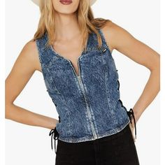 Approximate Measurements: Length 20 In., Width 15 In. (Armpit To Armpit). Edgy Dark Wash Tops For Spring, Edgy Dark Colored Top For Spring, Western Style Fitted Jeans For Spring, Spring Western Fitted Jeans, Blue Denim Jeans For Rodeo, Western Denim Blue Denim Tops, Western Style Denim Blue Denim Top, Dark Wash Denim Tops For Rodeo, Western Style Dark Wash Jeans For Spring