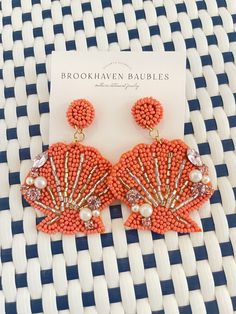 Coral Crystal Shell Beaded Earrings - Southern Statement Jewelry - Beaded Statement Earrings - Fashion Earrings for her These light weight earrings are made from acrylic seed beads that you will practically forget you are wearing them. Coral Beaded Earrings For Gifts, Coral Beaded Drop Earrings, Clear Gift Bags, Heavy Earrings, Bow Earrings, Summer Earring, Shell Beads, Light Weight Earrings, Fun Earrings