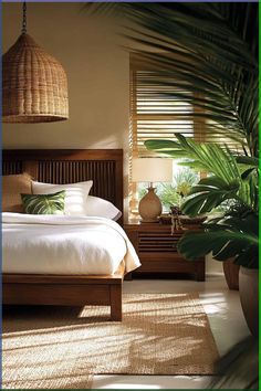 a bed sitting next to a plant in a bedroom