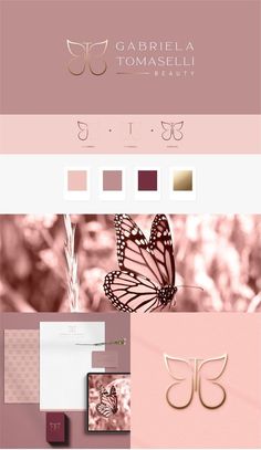 a pink and gold color scheme with butterflies