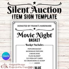 the silent auction sign template for movie night baskets is shown on a wooden background with text