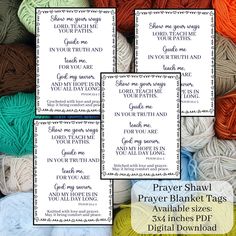 crochet prayer cards with the words prayer shawl in different colors and sizes