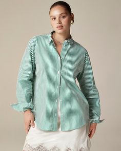 J.Crew: Garçon Shirt In Striped Cotton Poplin For Women Hair Wrap Scarf, Embellished Shirt, Stewart Tartan, Polo Women, J Crew Men, Linen Shop, Jcrew Women, Pearl Buttons, Scarf Hairstyles