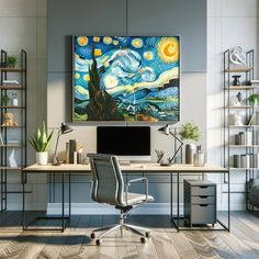 an office with a desk, chair and painting on the wall