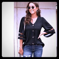 Blackclassic Button Down Top W/ Wider Sleeves & Detailed Cut-Out Look Cuffs. Perfect 4 Any Occasion-Any Outfit. Pair W / Jeans Or Skirts -Office Or Evening. Add2fave Animal Print Leggings Or Even Darker Tie-Dye Pants. Love Love! Rayon/Poly. Blouses V Neck, Black Blouses, Dye Pants, Tie Dye Pants, Black Blouse Women, Animal Print Leggings, Button Front Top, Professional Fashion, Print Leggings