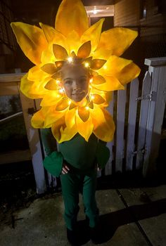 a young boy wearing a lighted sunflower costume