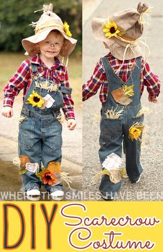 two pictures of children wearing scarecrow costumes and sunflowers on their heads, with text overlay that says diy scarecrow costume