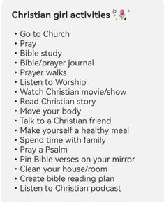 the christian girl activities list is shown