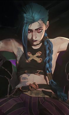 a woman with blue hair and scissors on her chest, in front of a dark background