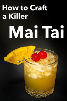 a cocktail with pineapple and cherries on the rim is shown in front of a black background