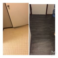 before and after photos of a tile floor