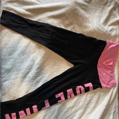 Never Used In Perfect Condition. Pink Cotton Activewear Long Pants, Pink Athleisure Bottoms With Letter Print, Pink Cotton Gym Bottoms, Pink Stretch Activewear With Letter Print, Pink Stretch Cotton Activewear, Pink Letter Print Activewear For Gym, Pink Fitted Activewear With Letter Print, Pink Letter Print Bottoms For Loungewear, Pink Letter Print Loungewear Bottoms