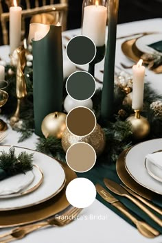 the table is set with gold and green plates, candles, and greenery on it