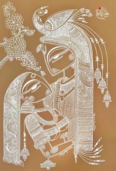 an intricately designed painting on glass with white paint and gold foil, depicting a woman's face