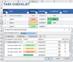 the task checklist is displayed in an excel spreadsheet with multiple tasks highlighted